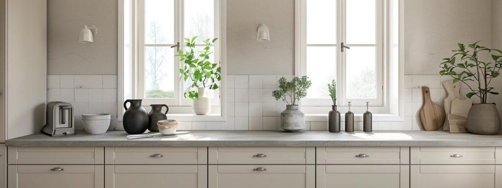 Ljus och välstädad kökshörna med ljusgrå skåp, gröna växter och rena ytor – en inspirerande bild av resultatet efter professionell hemstädning i Linköping