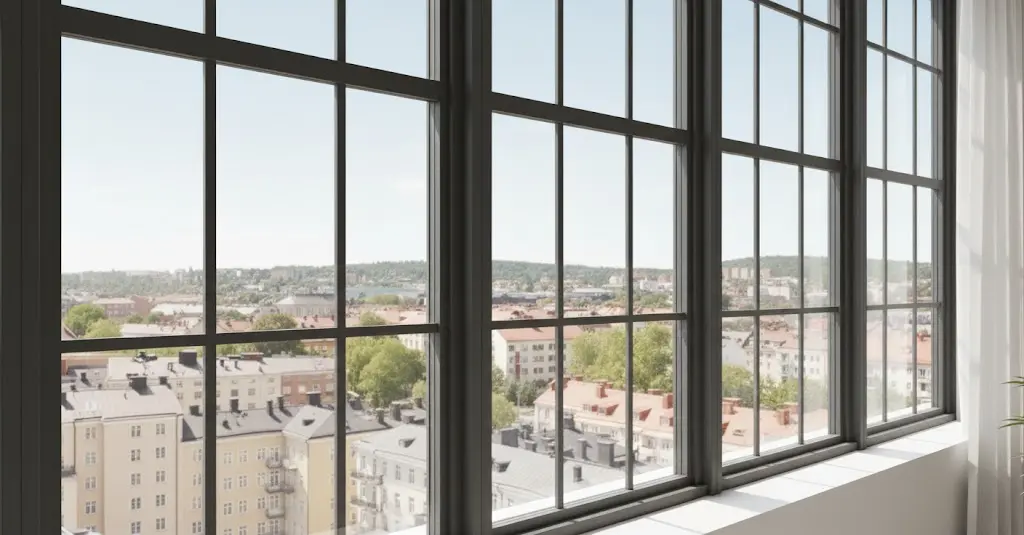 Stora, nyligen putsade spröjsade fönster med mörka ramar. Genom de skinande rena rutorna syns en ljus och vacker utsikt över en stad med byggnader, träd och blå himmel.