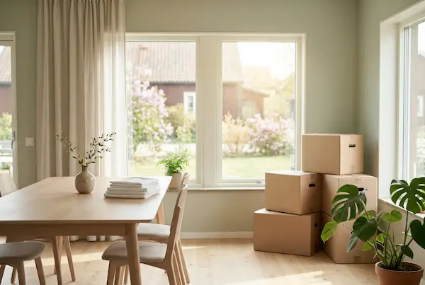 Ett skinande rent skandinaviskt matrum och vardagsrum med staplade flyttkartonger, en stor Monstera-växt och fönsterutsikt mot en blommande trädgård.