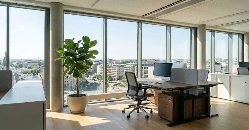 Ett ljust och modernt kontor med stora, nyligen putsade panoramafönster som släpper in rikligt med solljus. Utanför syns en klar utsikt över staden. I rummet finns ett skrivbord i trä med datorer och en stor grön fönsterfikus som trivs i ljuset.