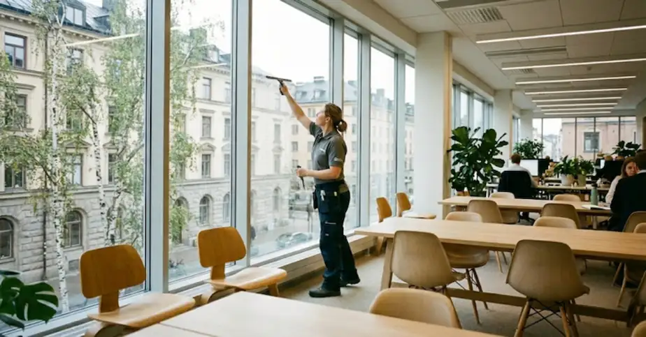 En professionell fönsterputsare rengör noggrant stora panoramafönster med en fönsterskrapa inne i ett ljust och modernt kontorslandskap. Utanför fönstret syns träd och vackra stenhus.