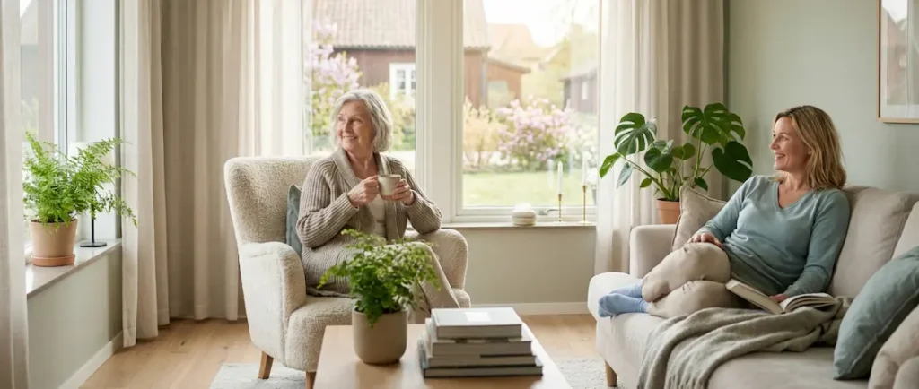 En glad äldre kvinna och en medelålders kvinna slappnar av i ett ljust och nystädat vardagsrum.