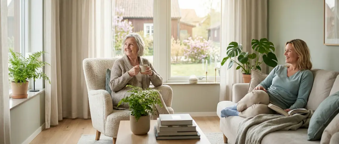 En glad äldre kvinna och en medelålders kvinna slappnar av i ett ljust och nystädat vardagsrum.