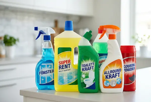 Flera färgglada plastflaskor med vanliga rengöringsmedel och traditionella städkemikalier uppställda på en ljus köksbänk.